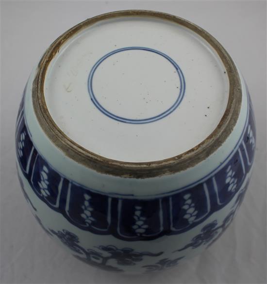 A Chinese blue and white ovoid jar and cover, 19th century, 22.5cm, wood stand